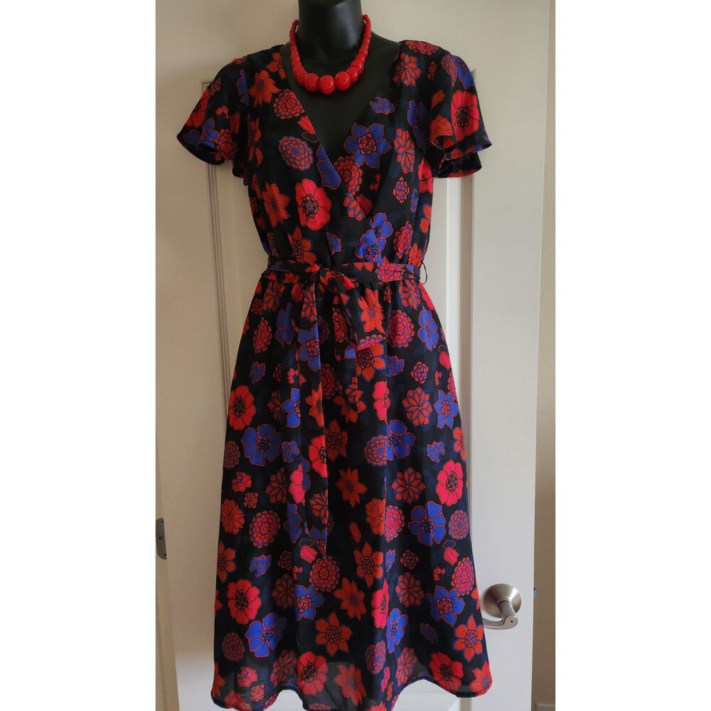 Modcloth Fits Of Bliss Black Red Floral Flutter Sleeve Midi Dress S Boho Flowers